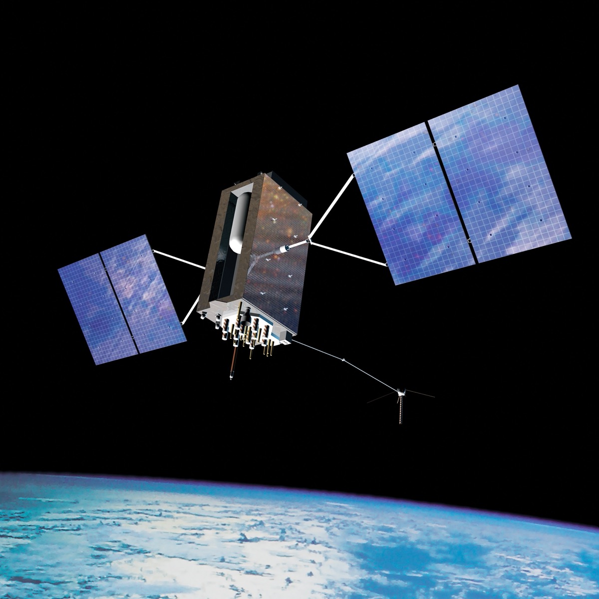 Künstlerische Darstellung eines GPS-Block-III-Satelliten in der Erdumlaufbahn